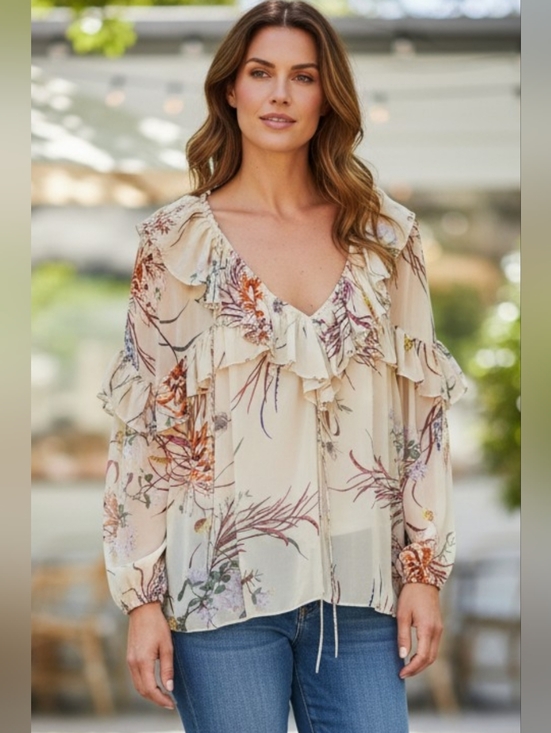 H&M Tops - H&M Cream Floral Ruffle V-Neck Blouse